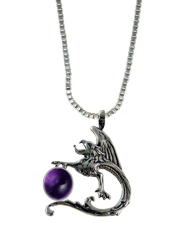 Sterling Silver Tattoo Dragon Pendant With Amethyst